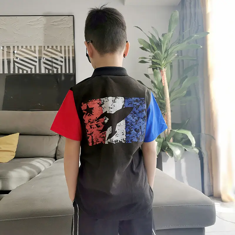 2023 Boys Korean Style Short Sleeve Polo Shirt Grey Red Blue - Image 6