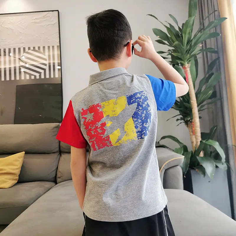 2023 Boys Korean Style Short Sleeve Polo Shirt Grey Red Blue - Image 7
