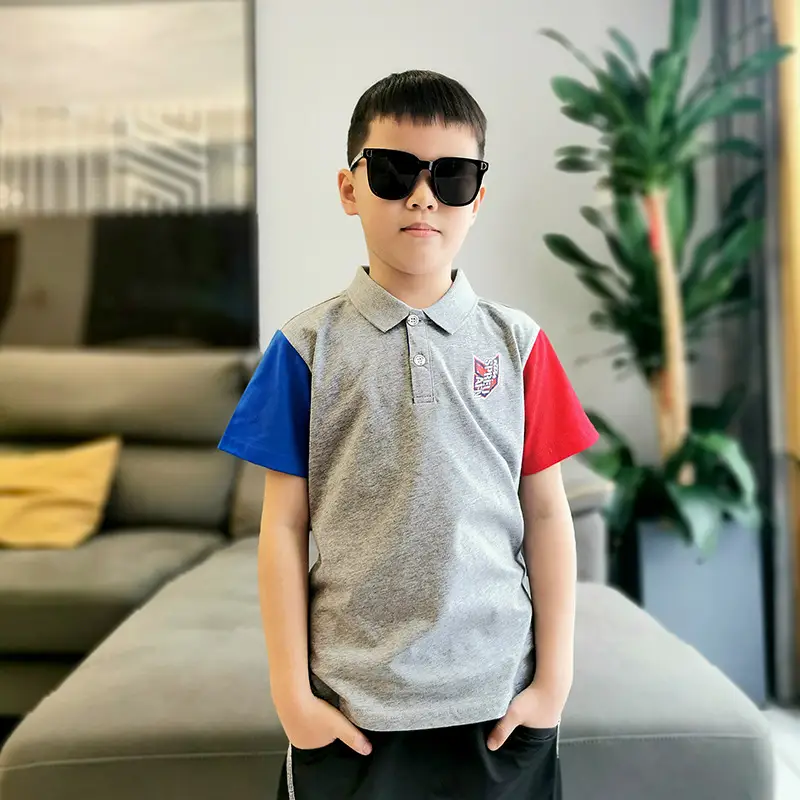 2023 Boys Korean Style Short Sleeve Polo Shirt Grey Red Blue - Image 2