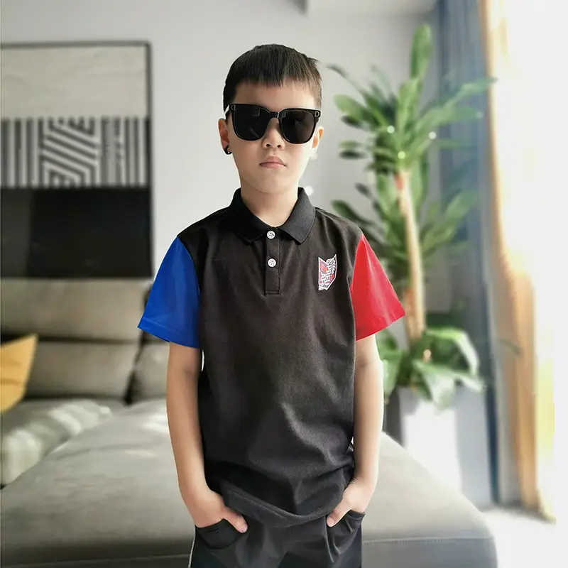 2023 Boys Korean Style Short Sleeve Polo Shirt Grey Red Blue - Image 3