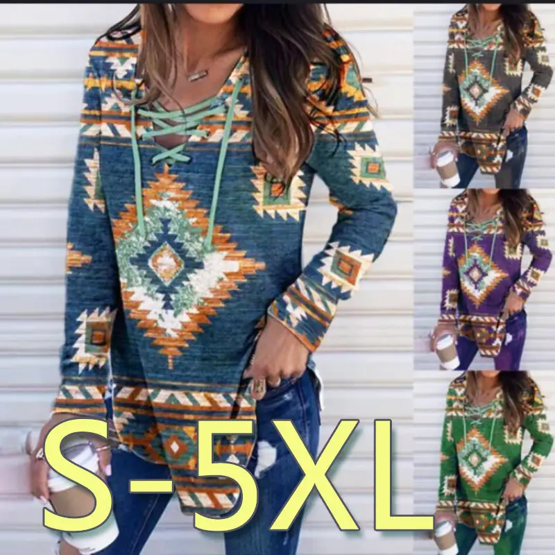 2022 V-Neck Printed Pullover Long Sleeve Women Purple - Image 4