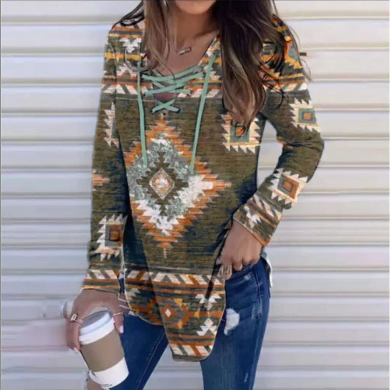 2022 V-Neck Printed Pullover Long Sleeve Women Purple - Image 3