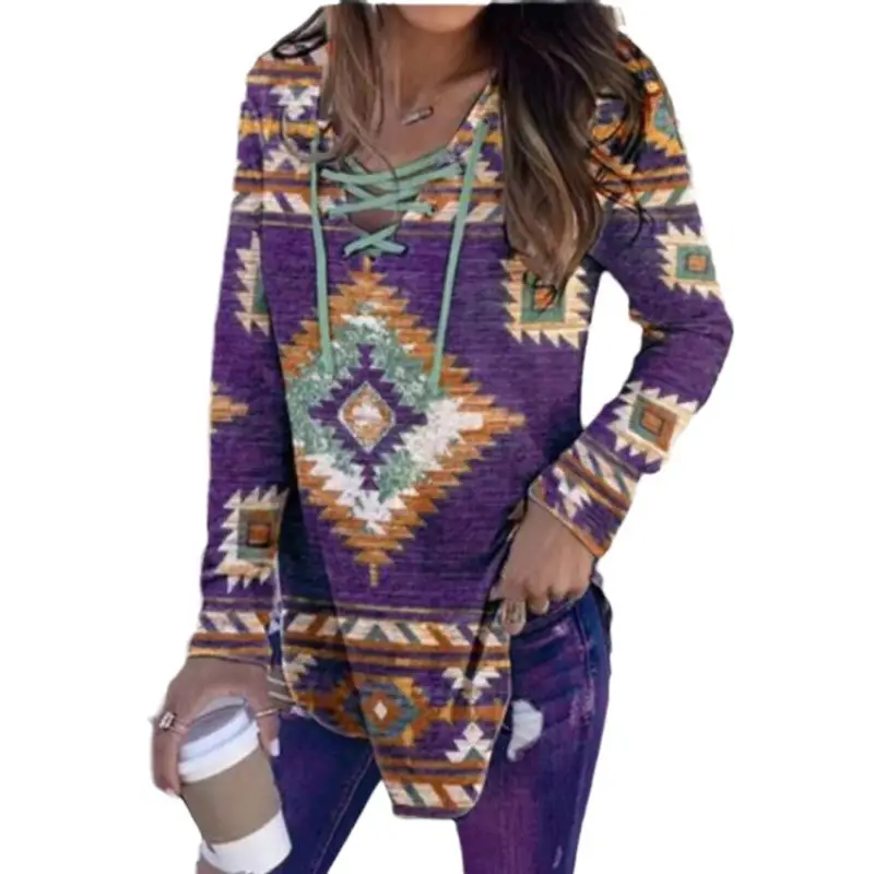 2022 V-Neck Printed Pullover Long Sleeve Women Purple - Image 6