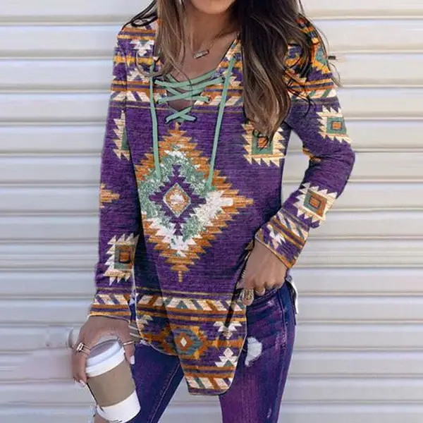 2022 V-Neck Printed Pullover Long Sleeve Women Purple — feature 6