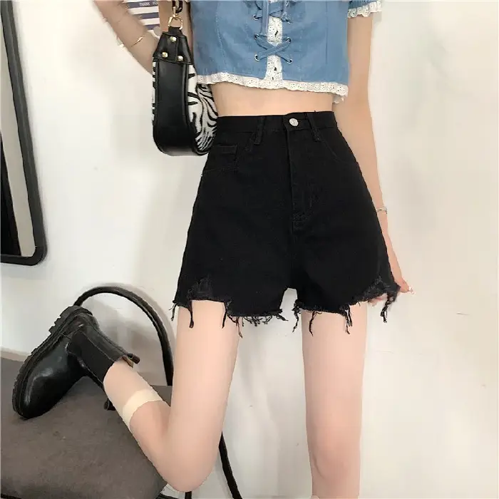 Black Ripped High Waist Denim Shorts for Women 2026 - Image 2