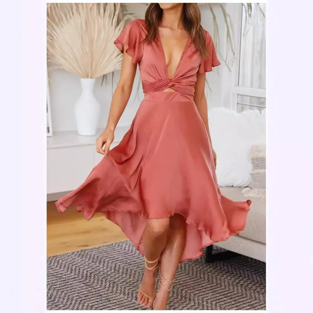 Women's Short Sleeve V-Neck Irregular Skirt Dress Coral - Image 4