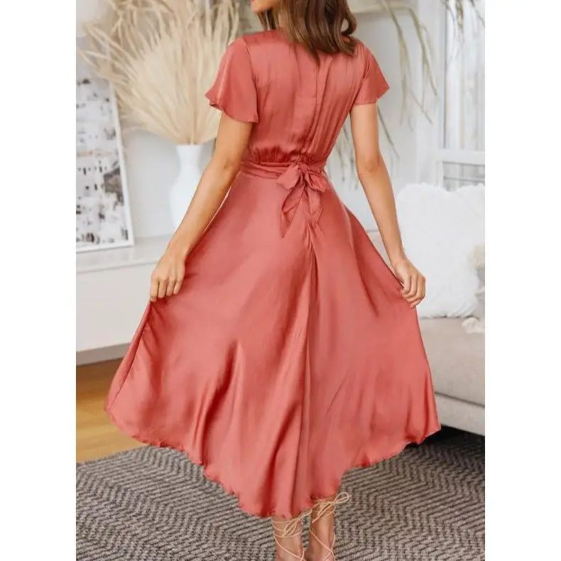 Women's Short Sleeve V-Neck Irregular Skirt Dress Coral - Image 5