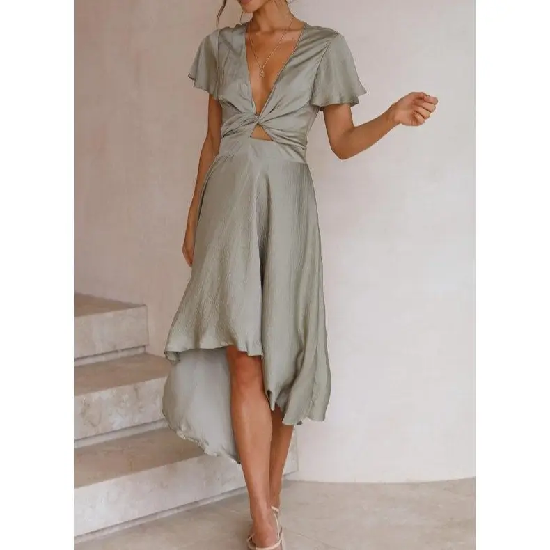 Women's Short Sleeve V-Neck Irregular Skirt Dress Coral - Image 6