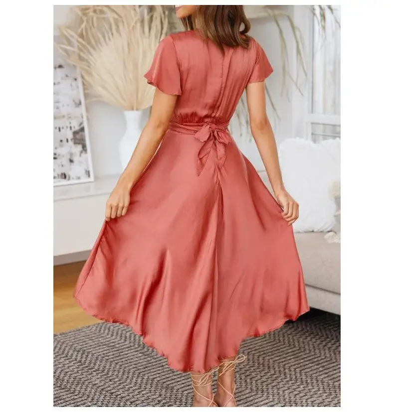 Women's Short Sleeve V-Neck Irregular Skirt Dress Coral — feature 4