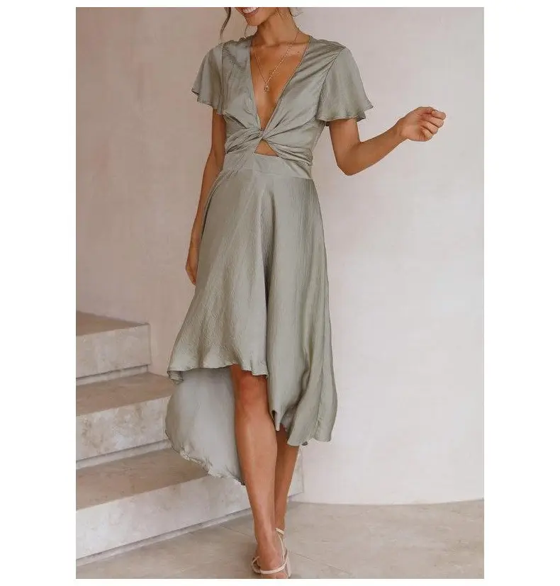 Women's Short Sleeve V-Neck Irregular Skirt Dress Coral — feature 5
