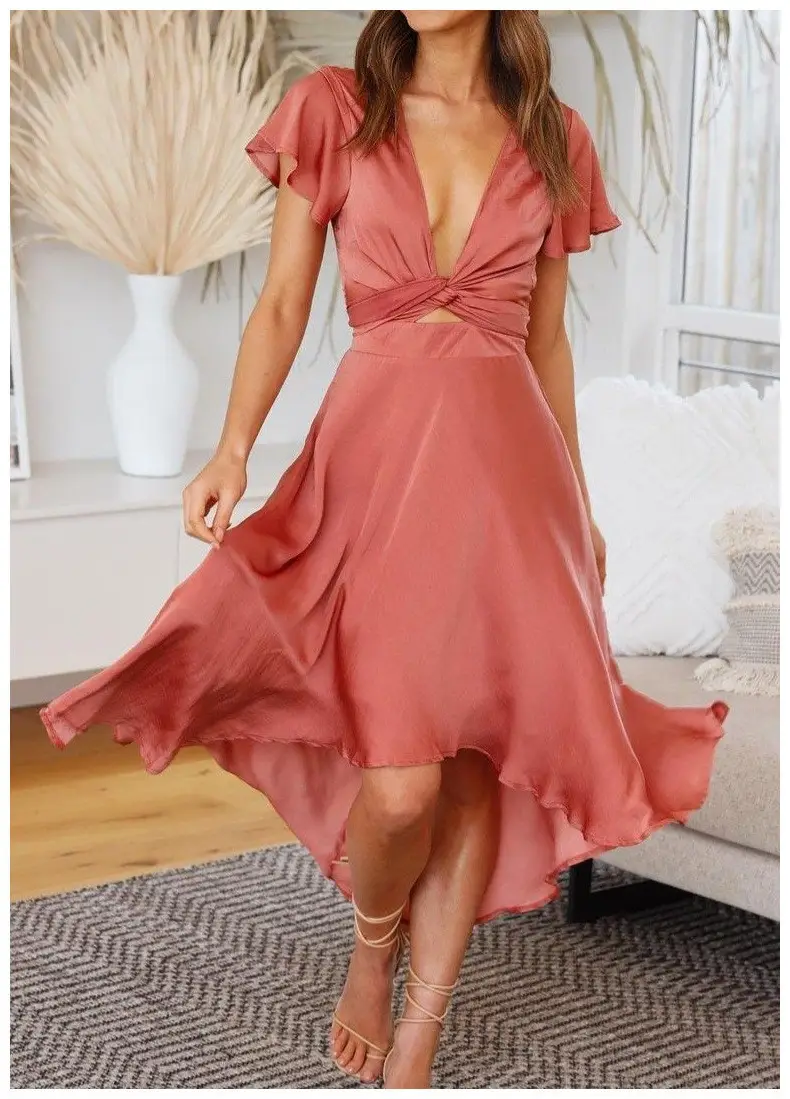 Women's Short Sleeve V-Neck Irregular Skirt Dress Coral - Image 2