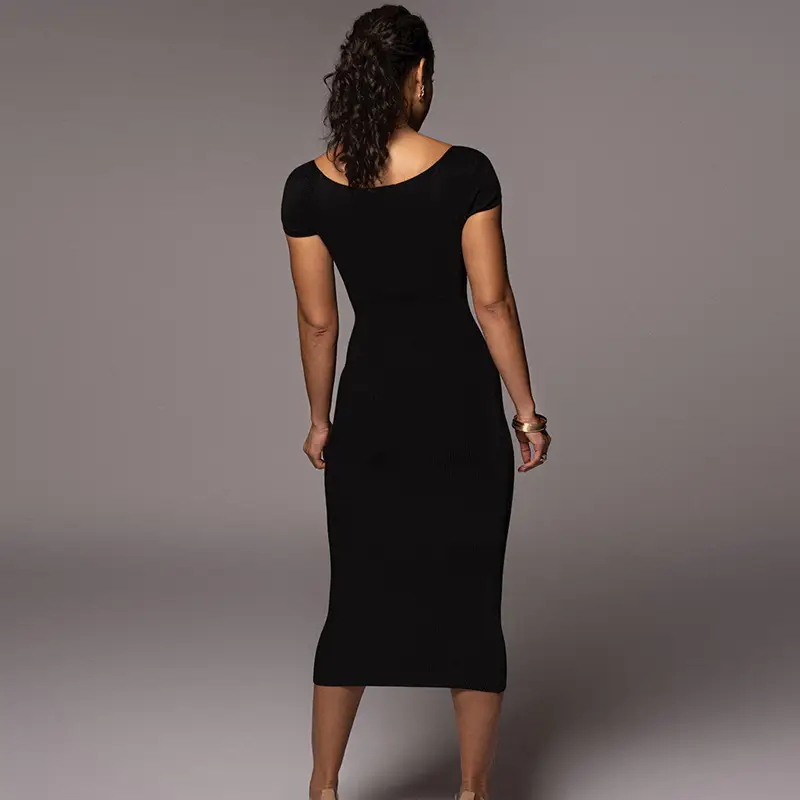 Black Off-Shoulder Ribbed Slim Fit Dress for Women - Image 7