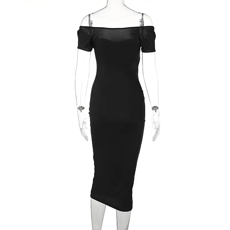 Black Off-Shoulder Ribbed Slim Fit Dress for Women - Image 2