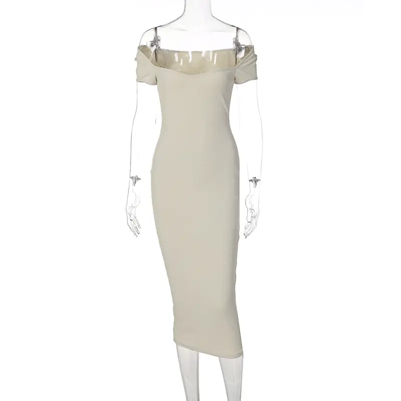 Black Off-Shoulder Ribbed Slim Fit Dress for Women - Image 3