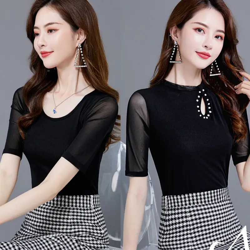 Women's Black Mesh Slim Fit T-Shirt Low Collar Summer - Image 23