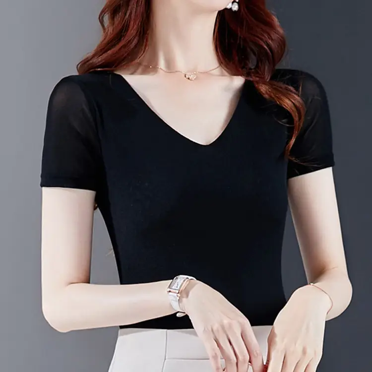 Women's Black Mesh Slim Fit T-Shirt Low Collar Summer - Image 11