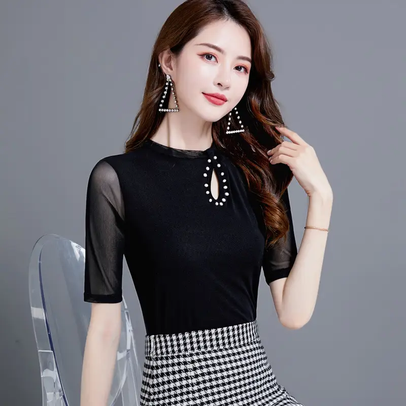 Women's Black Mesh Slim Fit T-Shirt Low Collar Summer - Image 10