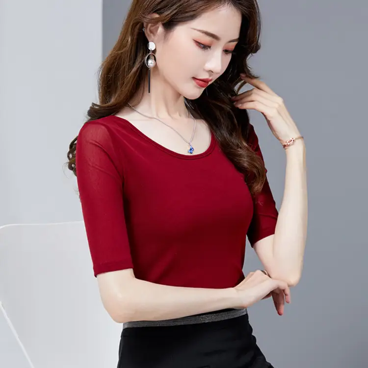 Women's Black Mesh Slim Fit T-Shirt Low Collar Summer - Image 3