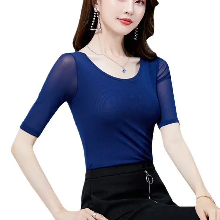Women's Black Mesh Slim Fit T-Shirt Low Collar Summer - Image 24
