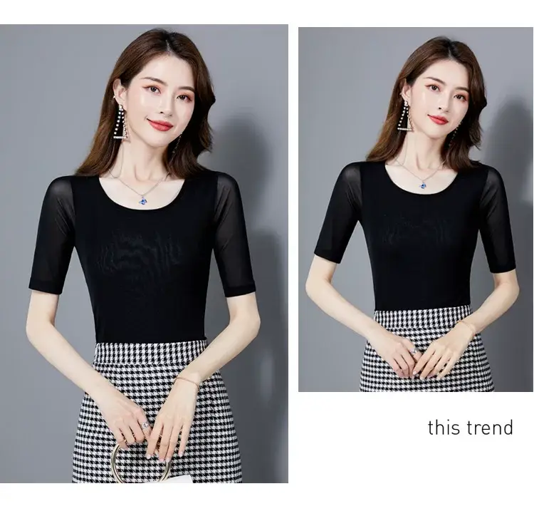 Women's Black Mesh Slim Fit T-Shirt Low Collar Summer — feature 10
