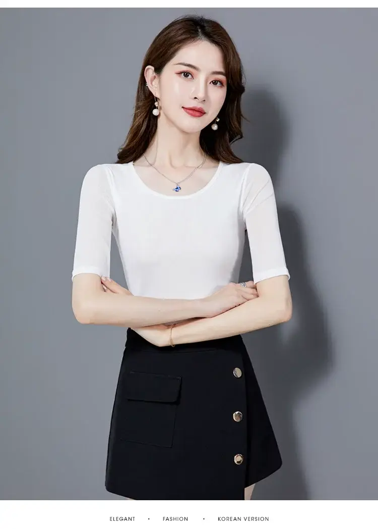 Women's Black Mesh Slim Fit T-Shirt Low Collar Summer — feature 11
