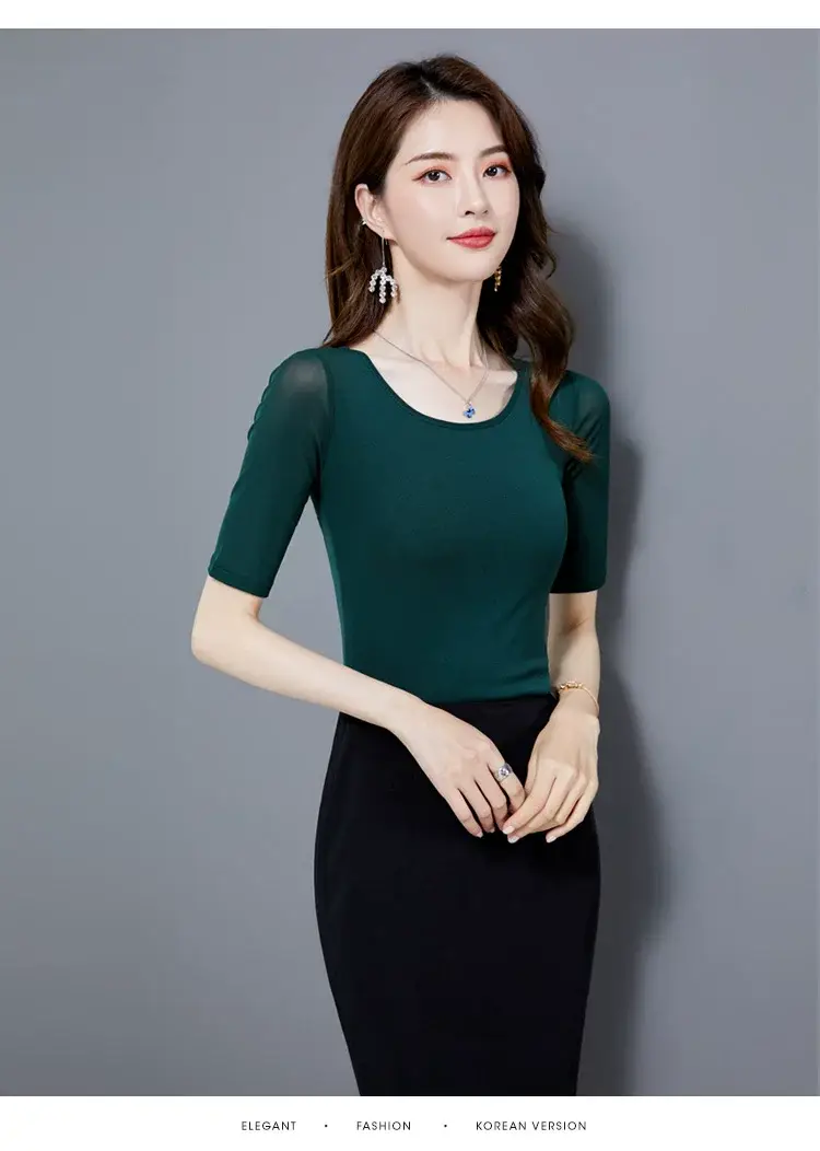 Women's Black Mesh Slim Fit T-Shirt Low Collar Summer — feature 14