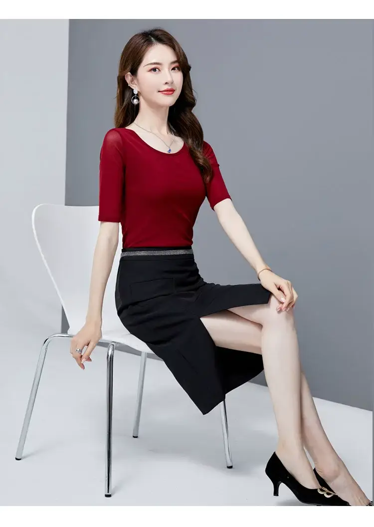 Women's Black Mesh Slim Fit T-Shirt Low Collar Summer — feature 18