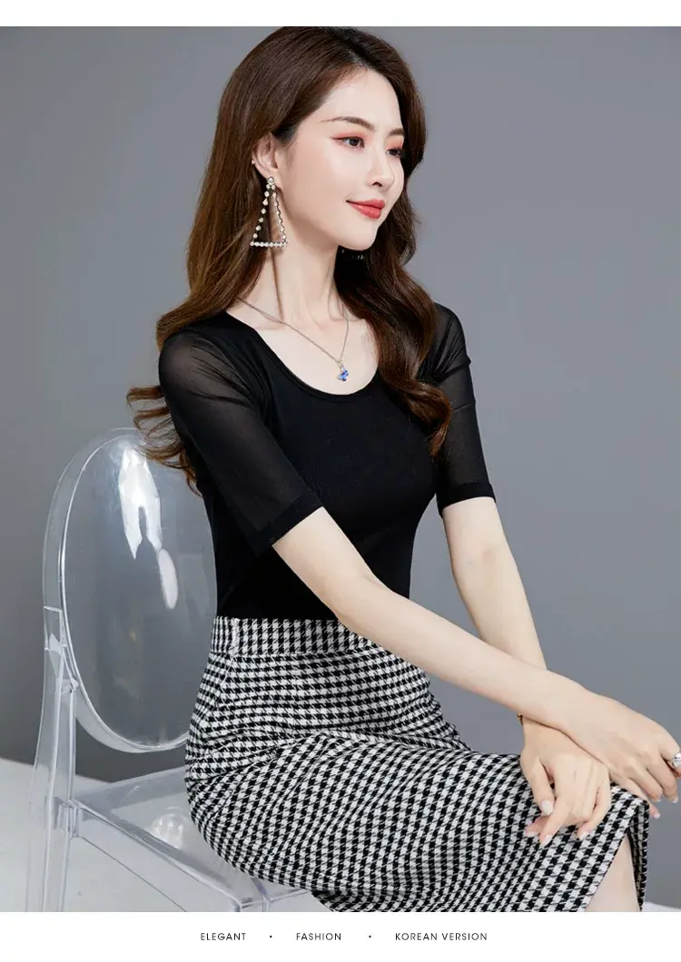 Women's Black Mesh Slim Fit T-Shirt Low Collar Summer — feature 3
