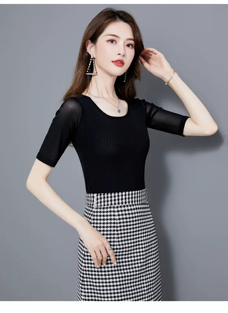Women's Black Mesh Slim Fit T-Shirt Low Collar Summer — feature 8