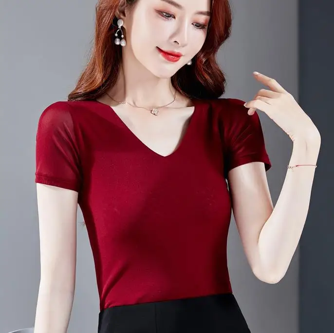 Women's Black Mesh Slim Fit T-Shirt Low Collar Summer - Image 13
