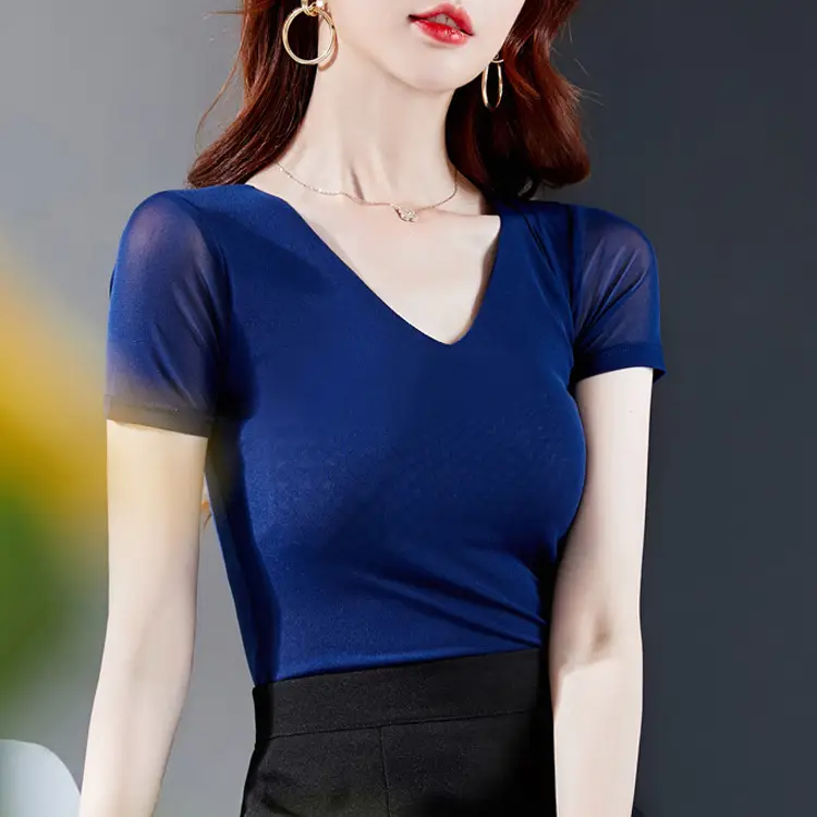 Women's Black Mesh Slim Fit T-Shirt Low Collar Summer - Image 14