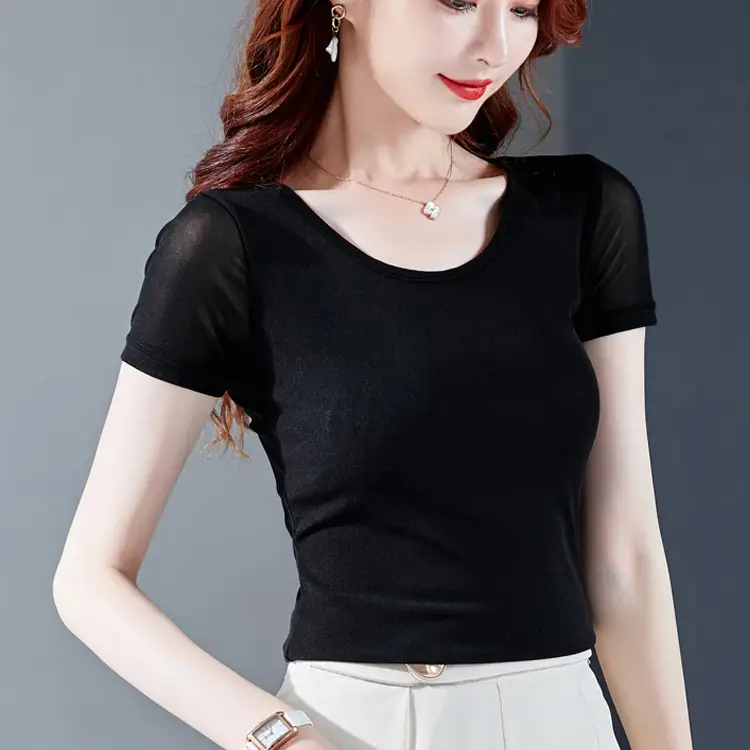 Women's Black Mesh Slim Fit T-Shirt Low Collar Summer - Image 15