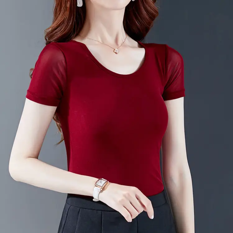 Women's Black Mesh Slim Fit T-Shirt Low Collar Summer - Image 17