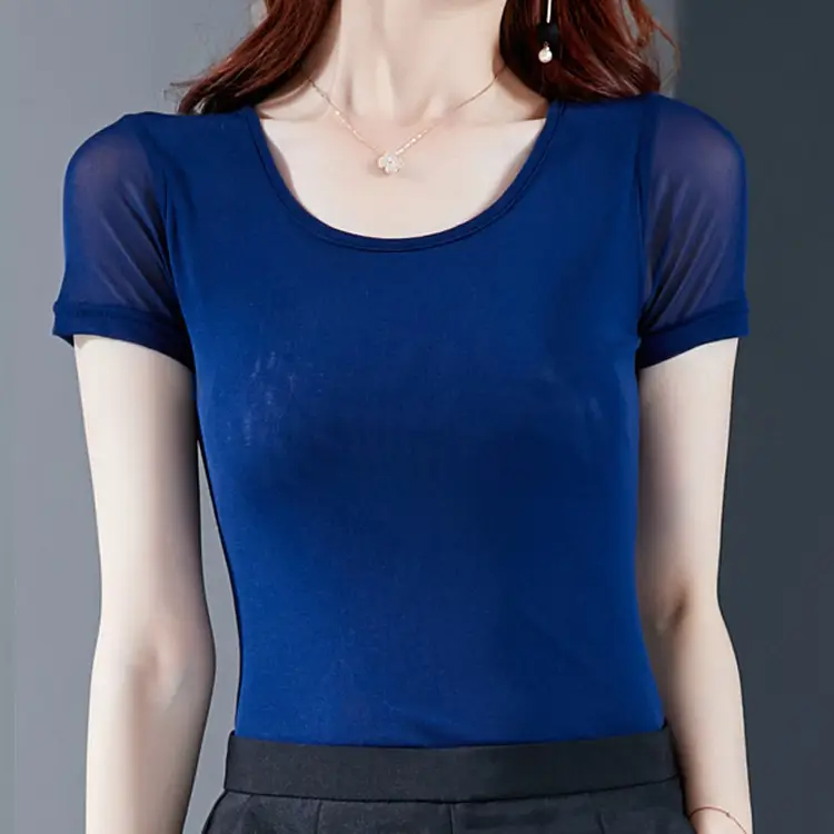 Women's Black Mesh Slim Fit T-Shirt Low Collar Summer - Image 18
