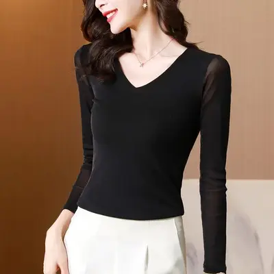 Women's Black Mesh Slim Fit T-Shirt Low Collar Summer - Image 19