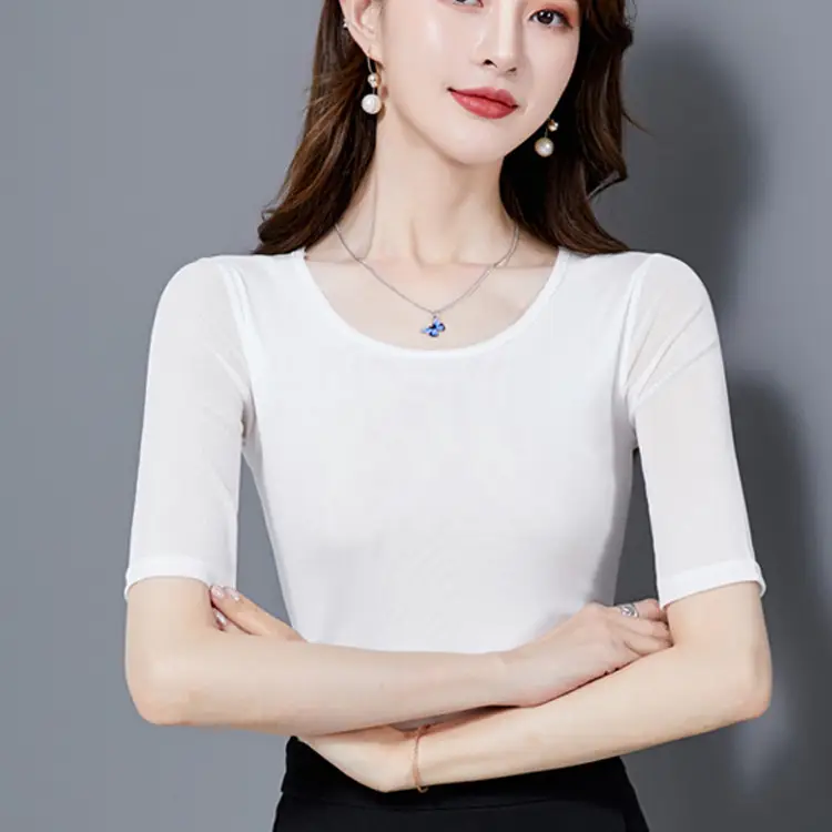 Women's Black Mesh Slim Fit T-Shirt Low Collar Summer - Image 2