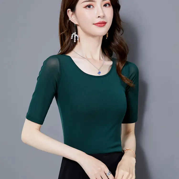 Women's Black Mesh Slim Fit T-Shirt Low Collar Summer - Image 4