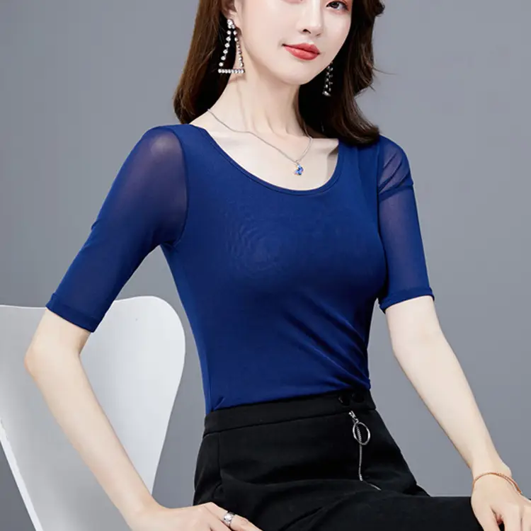 Women's Black Mesh Slim Fit T-Shirt Low Collar Summer - Image 5