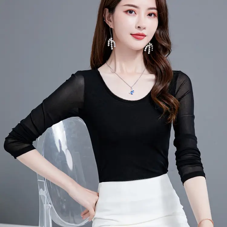 Women's Black Mesh Slim Fit T-Shirt Low Collar Summer - Image 6
