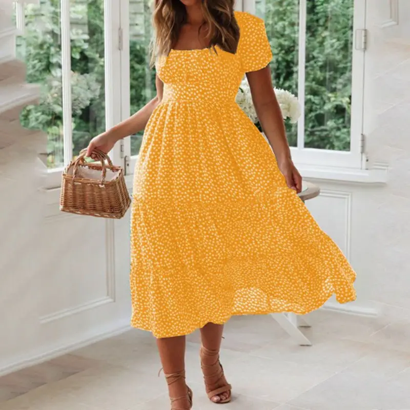 2024 Floral Puff Sleeve Dress Long Skirt Black - Image 6