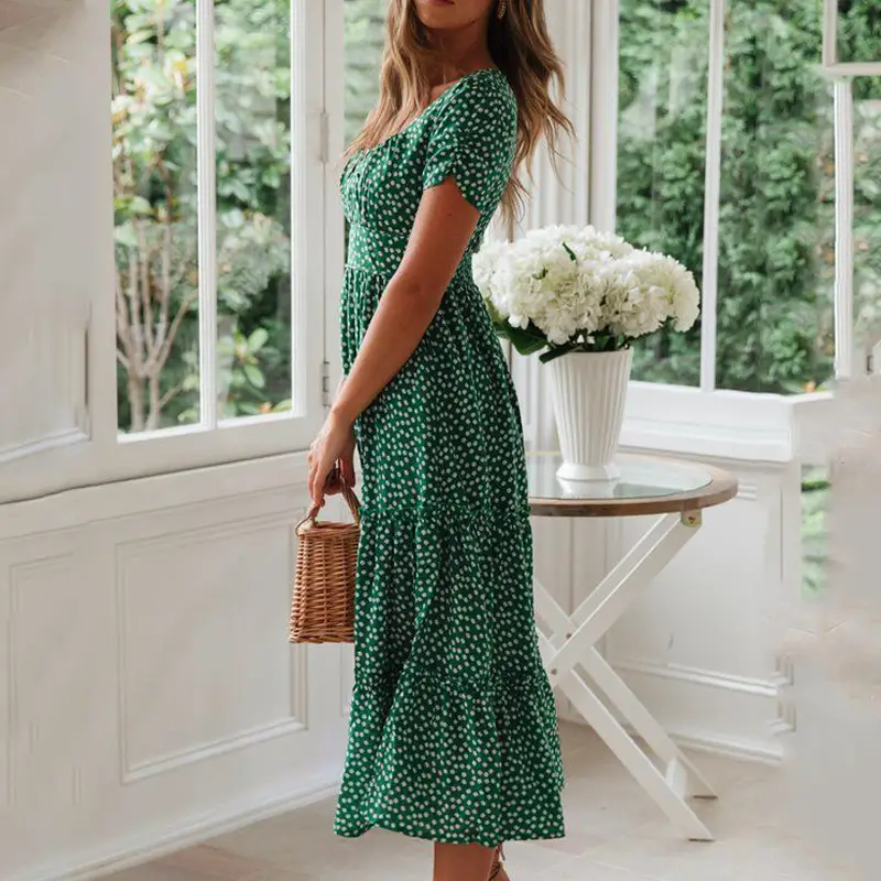 2024 Floral Puff Sleeve Dress Long Skirt Black - Image 8