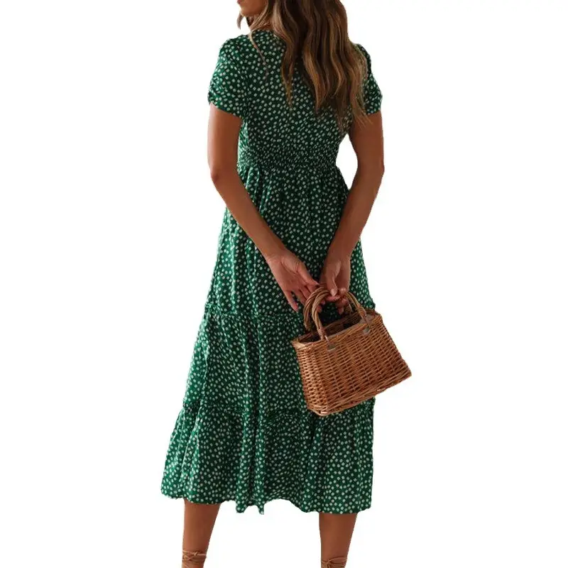 2024 Floral Puff Sleeve Dress Long Skirt Black - Image 9
