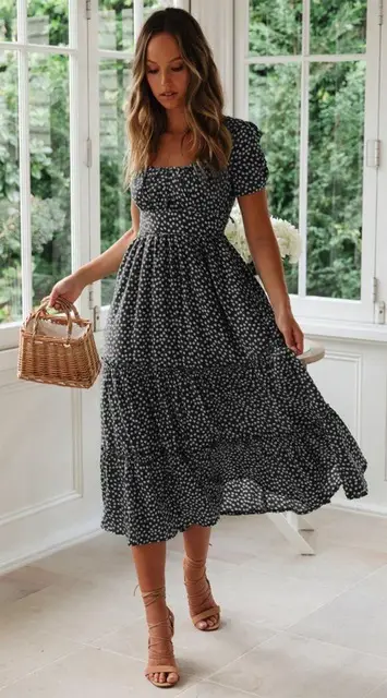 2024 Floral Puff Sleeve Dress Long Skirt Black - Image 4