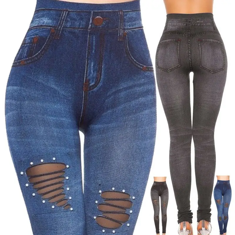 2021 Denim Printed Ankle Pants Women Pearl Hollow - Image 4