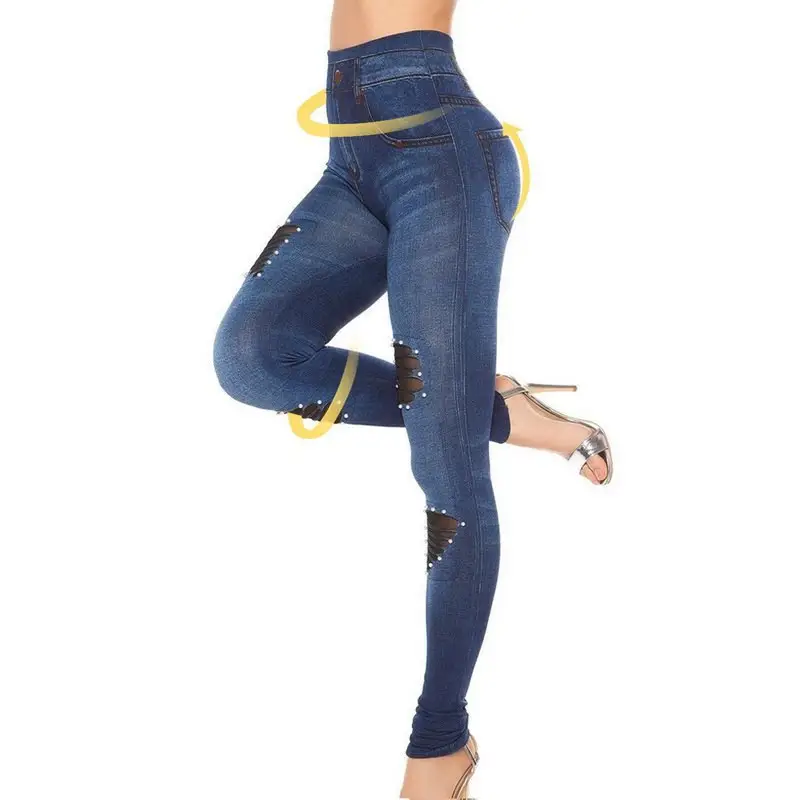 2021 Denim Printed Ankle Pants Women Pearl Hollow - Image 6