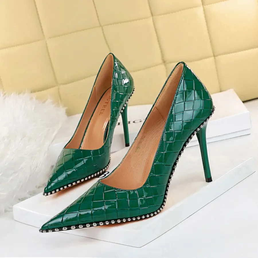 White Patent Leather Heels with Rhinestone Trim - Image 6