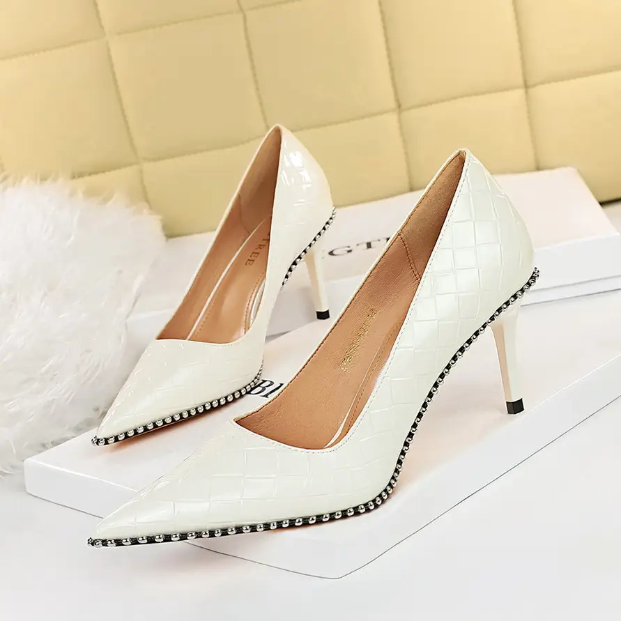 White Patent Leather Heels with Rhinestone Trim - Image 3