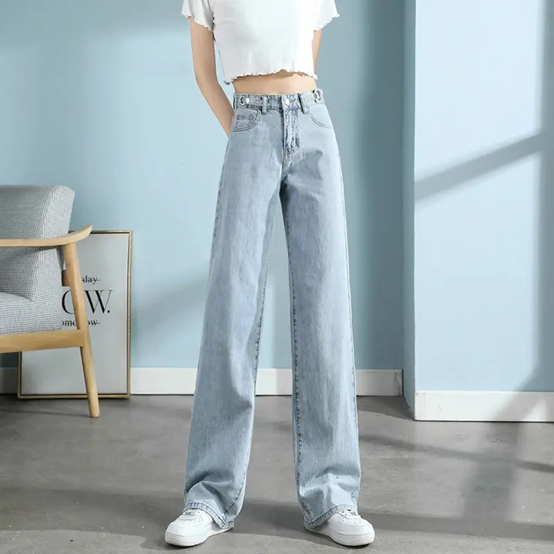 Women Adjustable Waist Slim Fit Jeans Light Blue - Image 4