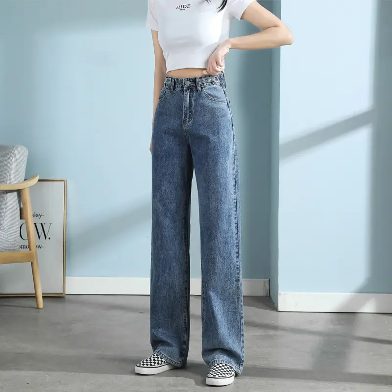 Women Adjustable Waist Slim Fit Jeans Light Blue - Image 2