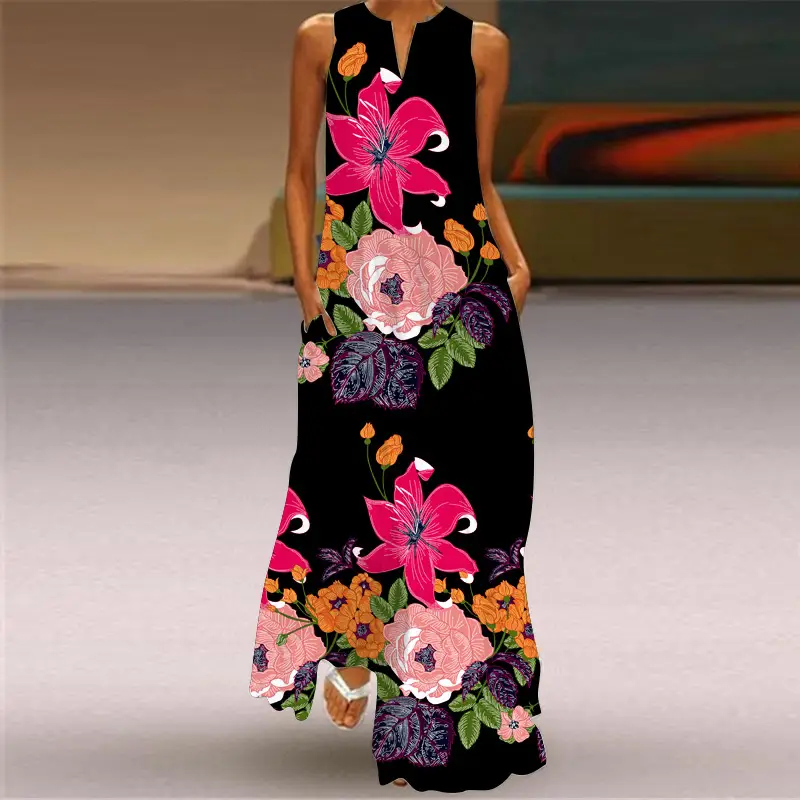 2026 Summer V-Neck Floral Print Long Dress - Image 9
